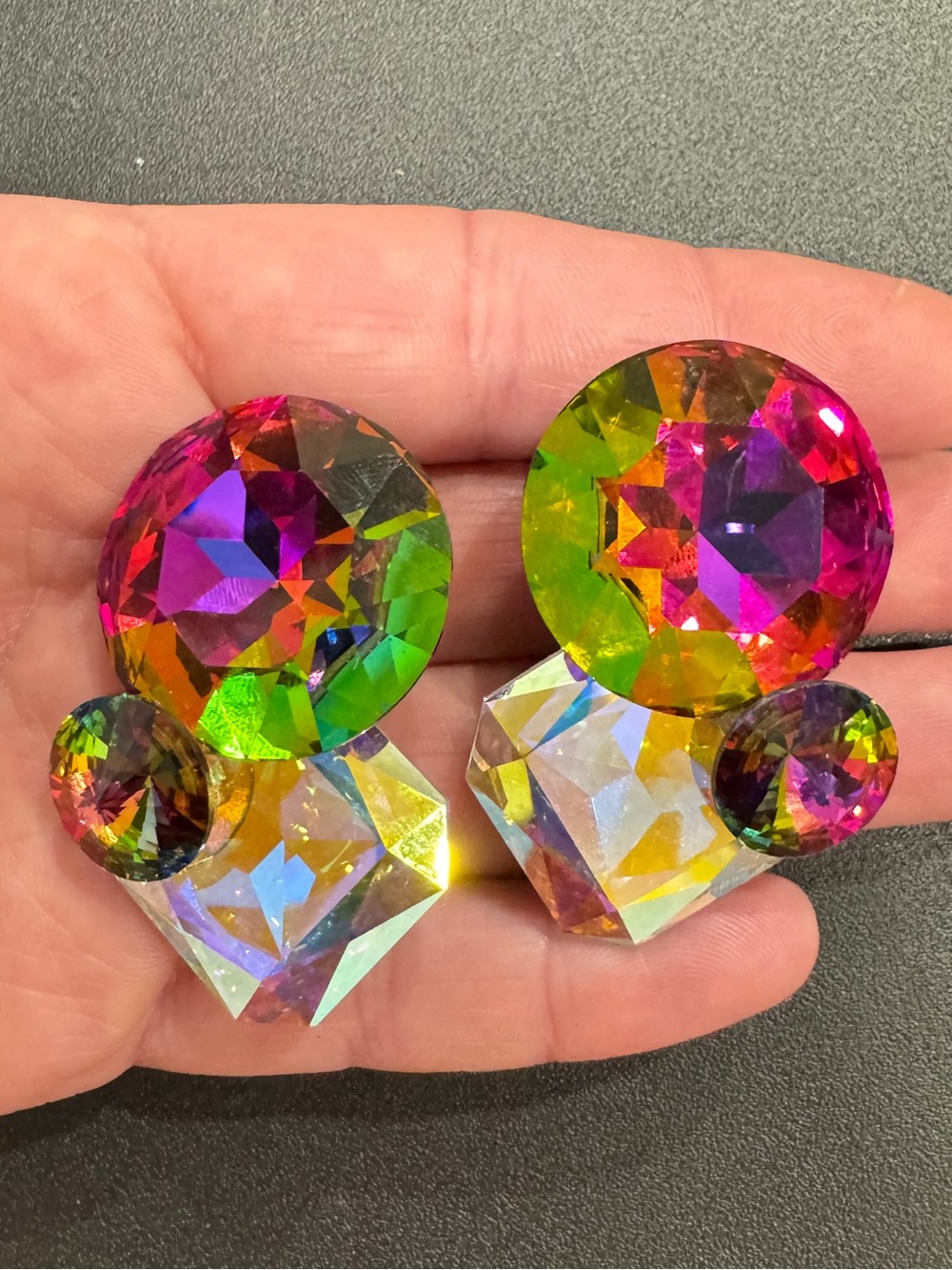 Vibrant Wendy Gell Faceted Swarovski Crystal Vitrail Clip-On Watermelon Earrings